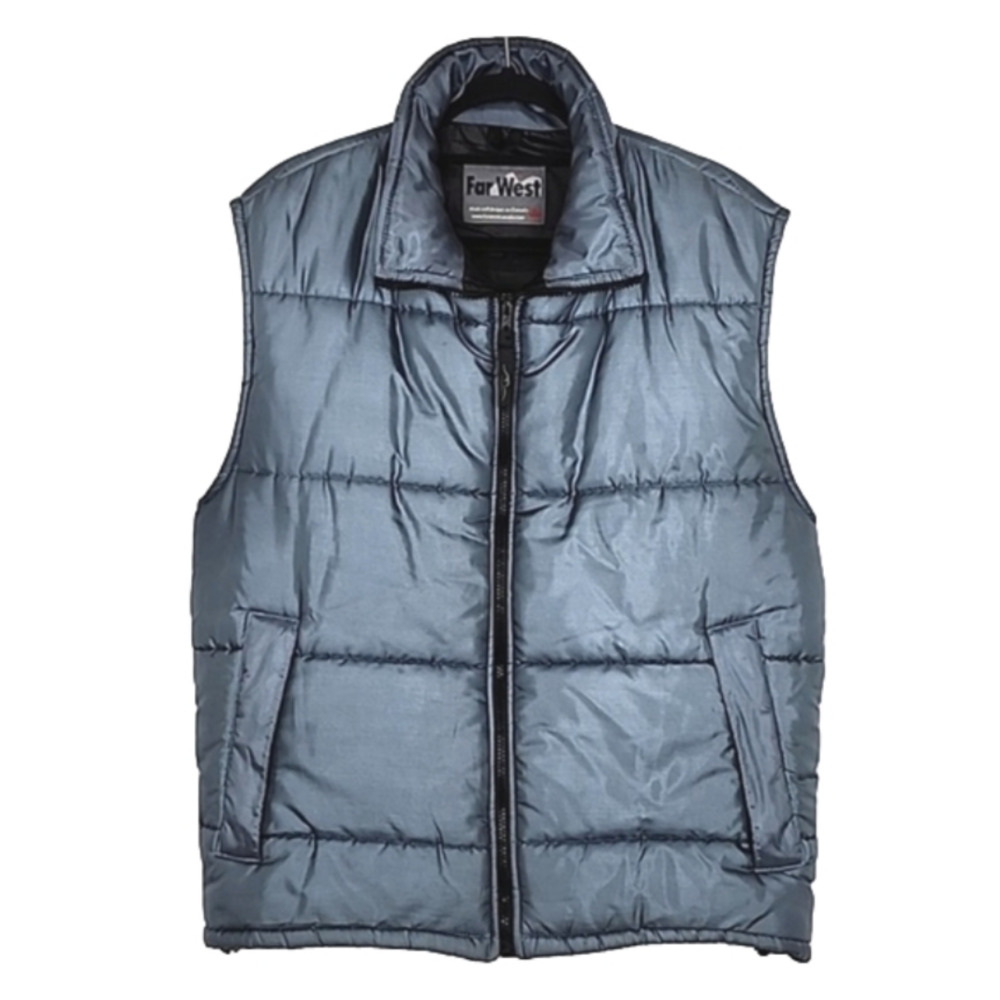 Far West Men's Puffer Steel Blue Front Zip Vest Pockets Tall Collar M